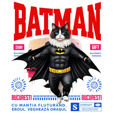 Cadouri Pentru Cupluri - Sticker Adeziv Autocolant Personalizat Pisica Ragdoll în Costum de Batman – Un Supererou Adorabil pentru Copii și Iubitorii de Pisici