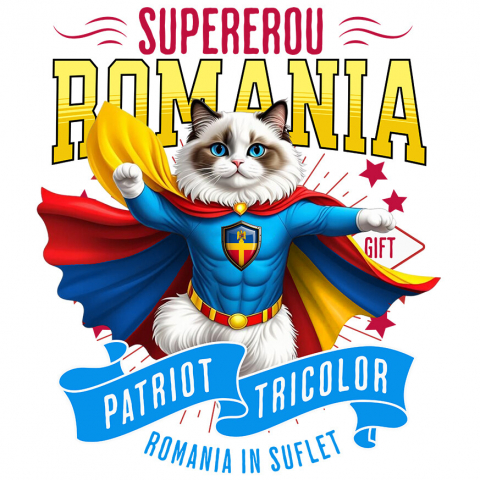 Sticker Personalizat - Sticker Adeziv Autocolant Personalizat Pisica Ragdoll în Costum de Căpitan România – Supererou pentru Copii și Iubitorii de Animale