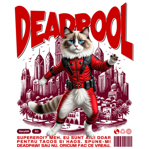 Cadouri Pentru Ea - Sticker Adeziv Autocolant Personalizat Pisică Ragdoll în Costum Deadpool – Supererou Amuzant pentru Iubitorii de Pisici