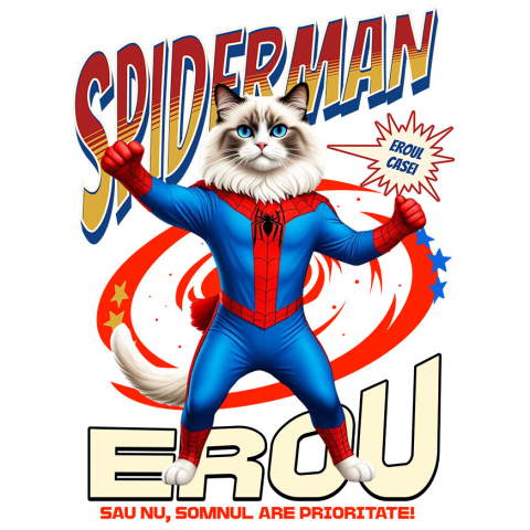 Sticker Personalizat - Sticker Adeziv Autocolant Personalizat Ragdoll Pisică în Costum Spider-Man cu Pelerină - Cadou Personalizat pentru Iubitorii de Pisici și Copii