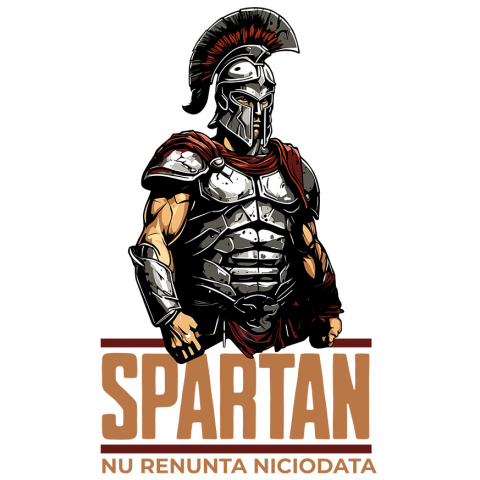 Sticker Adeziv Autocolant Personalizat Războinic cavaler cu armură de fier și coif – "Spartan nu renunță niciodată" portret personalizat
