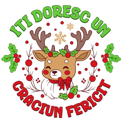 CRACIUN - Sticker Adeziv Autocolant Personalizat Ren cu Coarne Lungi Impodobite - Îți Doresc Un Crăciun Fericit