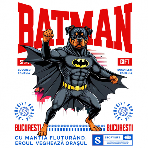 Cadouri Pentru Cupluri - Sticker Adeziv Autocolant Personalizat Rottweiler În Costum de Batman – Câine Supererou pentru Copii și Iubitorii de Animale