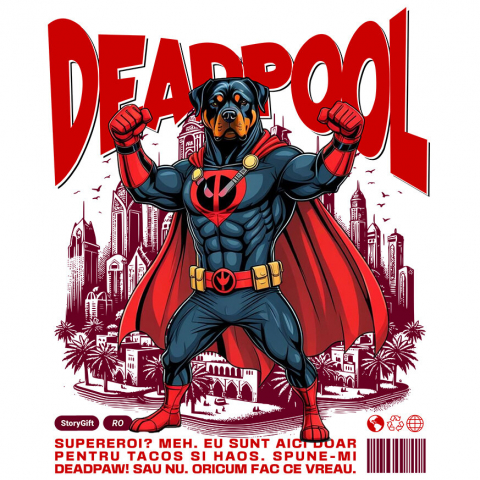 Sticker Personalizat - Sticker Adeziv Autocolant Personalizat Rottweiler în Costum Deadpool - Cadou Personalizat pentru Copii și Familie