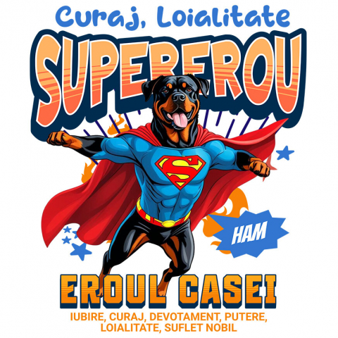Cadouri Pentru Ea - Sticker Adeziv Autocolant Personalizat Rottweiler în Costum de Superman – Produse Personalizate pentru Familie și Copii