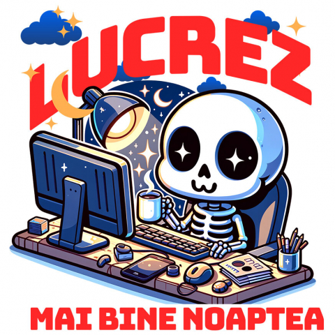 Sticker Adeziv Autocolant Personalizat Schelete Uman Lucrez Noaptea – Cafea, Calculator, Viața de IT-ist