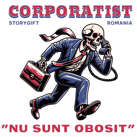 Sticker Adeziv Autocolant Personalizat Schelet Corporatist – Viața de Birou în Ilustrație Amuzantă