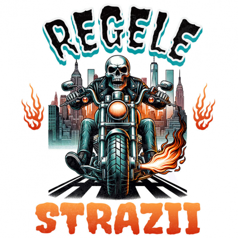 Sticker Adeziv Autocolant Personalizat Schelet Motociclist în Geacă de Piele – Flăcări și Oraș Noaptea