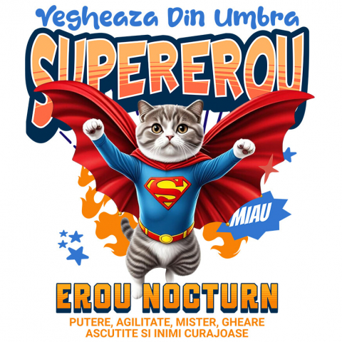 Cadouri Pentru Cupluri - Sticker Adeziv Autocolant Personalizat Imagine cu o pisică Scottish Fold îmbrăcată în costum de Superman, cu pelerină roșie. Design original, perfect pentru produse personalizate dedicate iubitorilor de pisici și fanilor supereroilor.
