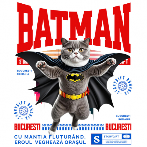 Cadouri Pentru Cupluri - Sticker Adeziv Autocolant Personalizat Scottish Fold în Costum de Batman – Supereroul Perfect pentru Copii și Iubitorii de Pisici