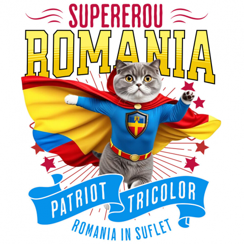 Sticker Adeziv Autocolant Personalizat Pisica Scottish Fold în Costum de Căpitan România – Cadou Personalizat pentru Iubitorii de Pisici