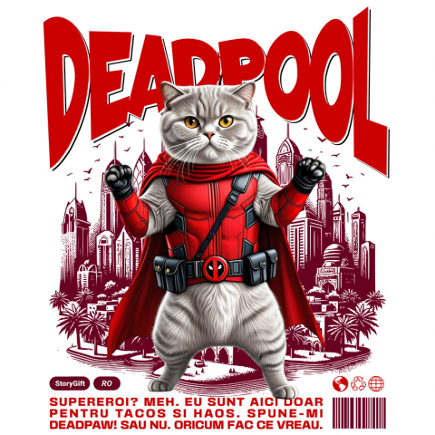 Cadouri Pentru Cupluri - Sticker Adeziv Autocolant Personalizat Scottish Fold în Costum Deadpool – Pisică Supererou Amuzantă pentru Iubitorii de Animale