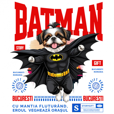 Sticker Adeziv Autocolant Personalizat Shih Tzu În Costum de Batman – Câine Supererou pentru Copii și Iubitorii de Animale