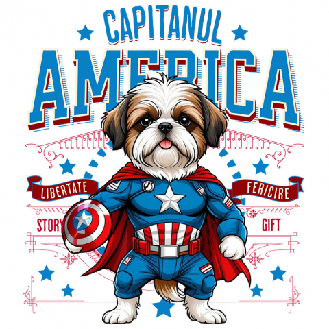 Sticker Adeziv Autocolant Personalizat Shih Tzu în Costum de Captain America cu Pelerină - Cadou Personalizat pentru Copii și Iubitorii de Câini