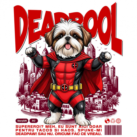 Sticker Personalizat - Sticker Adeziv Autocolant Personalizat Shih Tzu în Costum Deadpool – Câine Supererou Amuzant și Personalizat