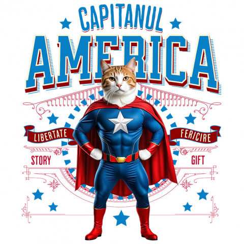 Sticker Adeziv Autocolant Personalizat Pisica Siameză în Costum de Captain America cu Pelerină - Cadou Personalizat pentru Copii și Iubitorii de Pisici
