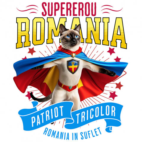 Sticker Personalizat - Sticker Adeziv Autocolant Personalizat Pisică Siameză Supererou – Costum Căpitan România, Cadou Personalizat