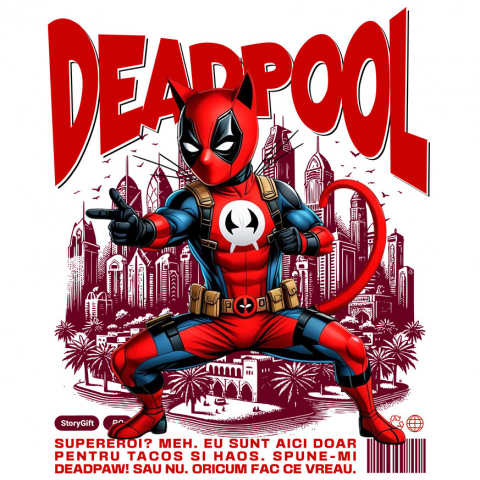 Sticker Personalizat - Sticker Adeziv Autocolant Personalizat Pisică Siameză în Costum Deadpool – Supererou Amuzant pentru Iubitorii de Animale