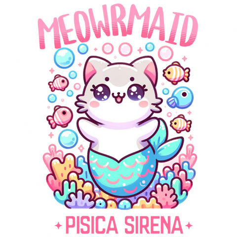PISICI - Sticker Adeziv Autocolant Personalizat Sirena Vesela Pisica Cu Coada Albastra – Cadou Personalizat Meowrmaid pentru Familie și Prieteni