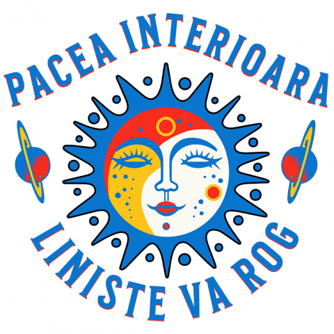 MIXED - Sticker Adeziv Autocolant Personalizat Soare cu Chip Feminin și Planete Zburătoare - „Pacea Interioară, Liniște, Vă Rog” - Cadou Motivațional