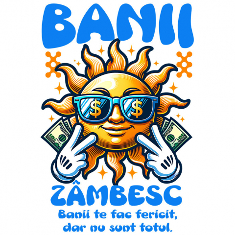 Cadouri Pentru Ea - Sticker Adeziv Autocolant Personalizat Soare Zâmbitor cu Ochelari și Bancnote – „Banii Zâmbesc, Banii Te Fac Fericit” – Cadou Personalizat pentru Familie, Tati, Copii, Prieteni