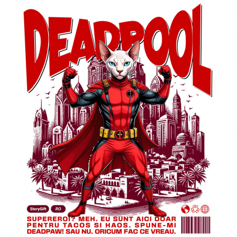Cadouri Pentru Cupluri - Sticker Adeziv Autocolant Personalizat Pisică Sphynx în Costum Deadpool – Supererou Haioș pentru Iubitorii de Animale
