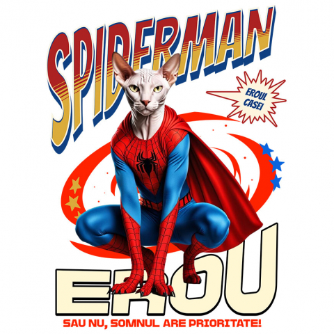 Sticker Personalizat - Sticker Adeziv Autocolant Personalizat Pisică Sphynx în Costum Spider-Man cu Pelerină - Cadou Personalizat pentru Iubitorii de Pisici și Copii