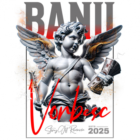 BANI - Sticker Adeziv Autocolant Personalizat Statuie Copil Înger cu Aripi și Teanc de Bancnote – „Banii Vorbesc” – Cadou Personalizat pentru Familie, Tati, Copii, Prieteni