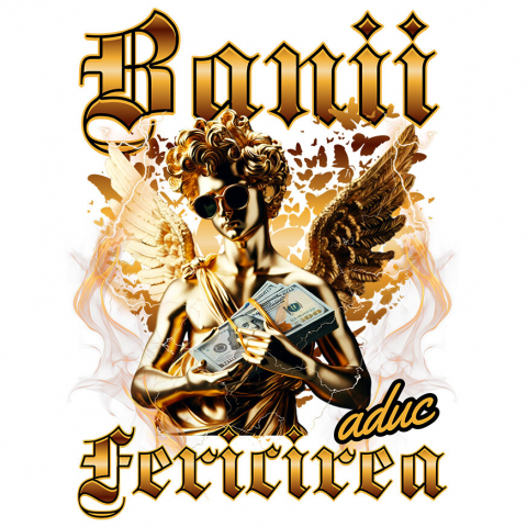 Sticker Adeziv Autocolant Personalizat Statuie de Aur cu Aripi și Ochelari de Soare - Cadou Motivațional Banii Aduc Fericire