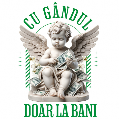 Sticker Adeziv Autocolant Personalizat Statuie Înger Bancnote Bani – „Cu Gândul Doar La Bani” – Cadou Personalizat pentru Familie, Tati, Copii, Prieteni
