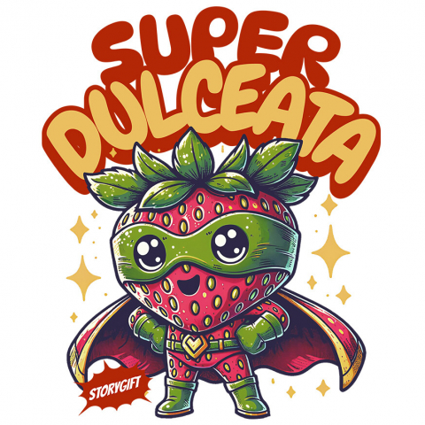 COPII - Sticker Adeziv Autocolant Personalizat Super Erou Căpșună cu Capa Roșie – Cadou Personalizat „Super Dulceață” pentru Copii