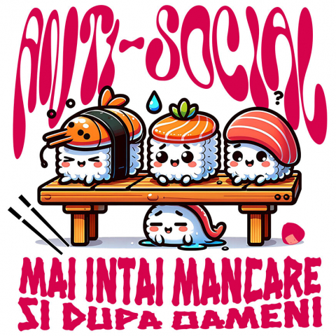 Sticker Adeziv Autocolant Personalizat Sushi personalizat cu mesaj „Anti-social, mai întâi mâncare și apoi vorbim” – Cadou original pentru iubitorii de sushi