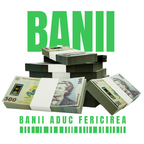 Cadouri Pentru Ea - Sticker Adeziv Autocolant Personalizat Teancuri Dezordonate de Bani 500 Lei – „Banii Aduc Fericirea” – Cadou Personalizat pentru Familie, Tati, Copii, Prieteni