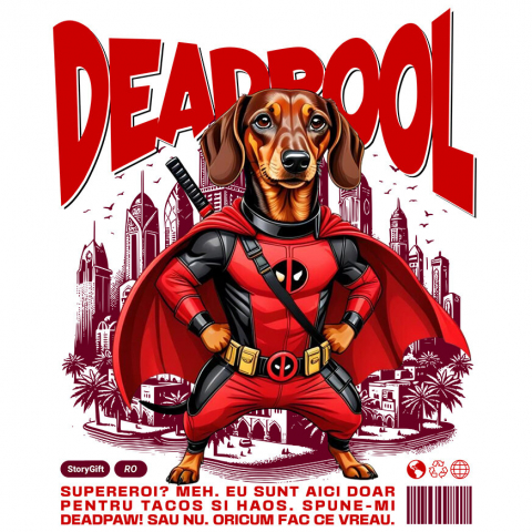 Sticker Adeziv Autocolant Personalizat Teckel / Dachshund în Costum Deadpool - Cadou Personalizat pentru Copii și Familie