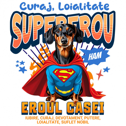 Sticker Adeziv Autocolant Personalizat Teckel în Costum de Superman – Cadouri Personalizate pentru Familie și Copii