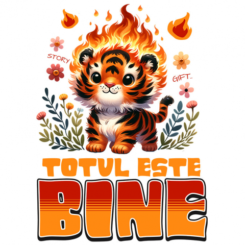 Cadouri Pentru Ea - Sticker Adeziv Autocolant Personalizat Tigru Pui Animat în Flăcări și Flori Colorate - Cadouri Ironic Optimiste pentru Familie și Copii