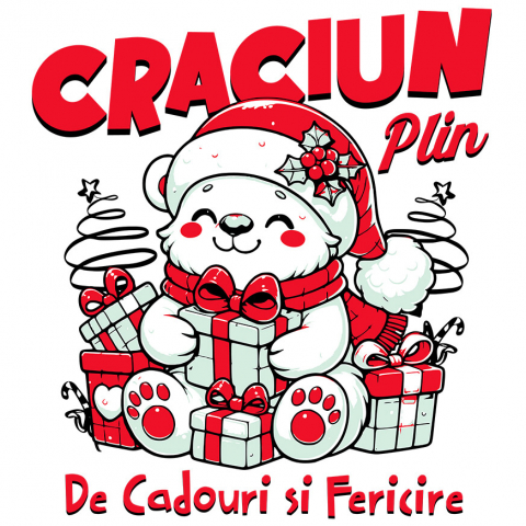 CRACIUN - Sticker Adeziv Autocolant Personalizat Urs Alb Vesel cu Cadouri Colorate – Crăciun Plin de Cadouri și Fericire