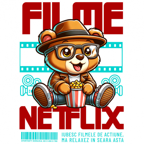 Sticker Adeziv Autocolant Personalizat Urs Brun cu Ochelari și Popcorn - Cadouri Personalizate pentru Copii și Familie, Cinema