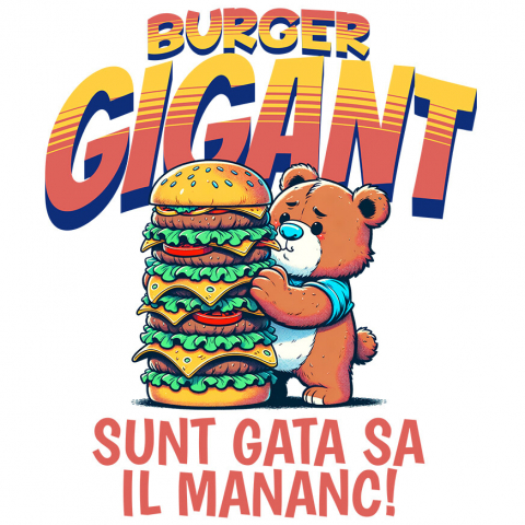 Sticker Adeziv Autocolant Personalizat Urs De Pluș cu Burger Gigant - Cadouri Amuzante pentru Copii și Familie cu Tematică Fast Food