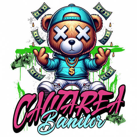 Sticker Adeziv Autocolant Personalizat Urs de Plus Stil Gangster cu Bancnote în Zbor – „În Căutarea Banilor” – Cadou Personalizat pentru Familie, Tati, Copii, Prieteni