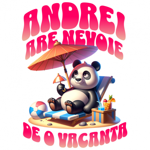Sticker Adeziv Autocolant Personalizat "Produse personalizate pentru vacanță – Urs panda pufos pe plajă cu text 'Andrei are nevoie de o vacanță'"