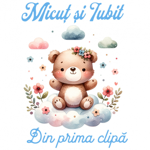 Familie - Sticker Adeziv Autocolant Personalizat Cadou Personalizat „Micuț Și Iubit Din Prima Zi” | Ursuleț De Pluș Maro Pe Norisor
