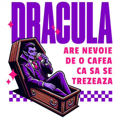 BASME - Sticker Adeziv Autocolant Personalizat Vampir în Sicriu cu Cafea – Cadou Amuzant pentru Dracula și Tati