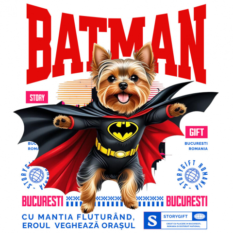 Cadouri Pentru Ea - Sticker Adeziv Autocolant Personalizat Yorkshire Terrier În Costum de Batman – Câine Supererou pentru Copii și Iubitorii de Animale