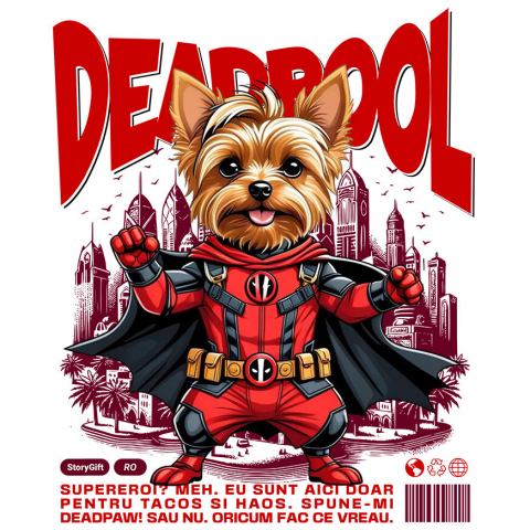 Sticker Personalizat - Sticker Adeziv Autocolant Personalizat Yorkshire Terrier în Costum Deadpool - Cadou Personalizat pentru Copii și Familie