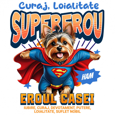 Sticker Adeziv Autocolant Personalizat Yorkshire Terrier în Costum de Superman – Produse Personalizate pentru Familie și Copii