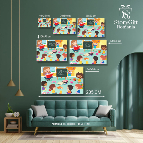 Tablou Canvas Activitate Educativa in Clasa, Copiii Participa la o Lectie Interactiva de Alfabet cu o Invatatoare Pasionata 40x25CM [4]
