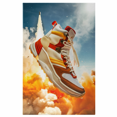 Sport - White Adidas Sneakers with Red, Yellow, and Brown Stripes - Digital Painting, Marime 40x25CM