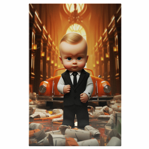 Personaje Desene Animate - Bebelus Adorabil în Mașină de Epocă Portocalie - Pictură Digitală cu Cartoane Colorate, Marime 40x25CM