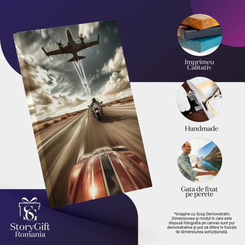 Tablou Canvas - Adrenalina pe Motoare Puternice: Întrecere între Mașini, Motociclete și Avioane, Marime 40x25CM [1]